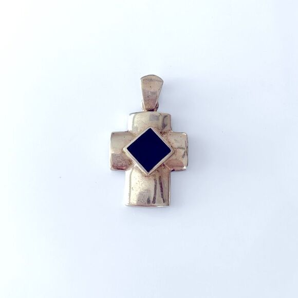 Vintage Sterling Silver Onyx Cross Pendant - Picture 1 of 4